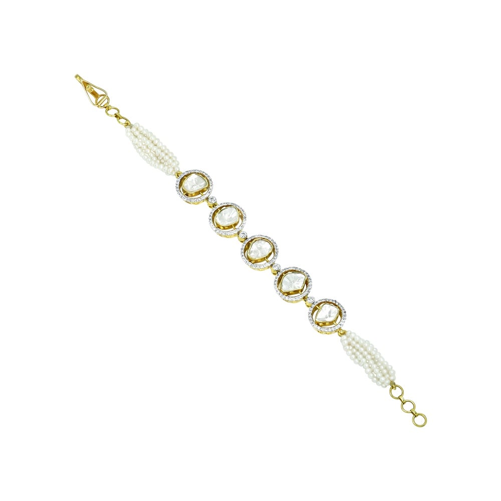 Polki Bracelet with Diamond Halos and Pearl Strands